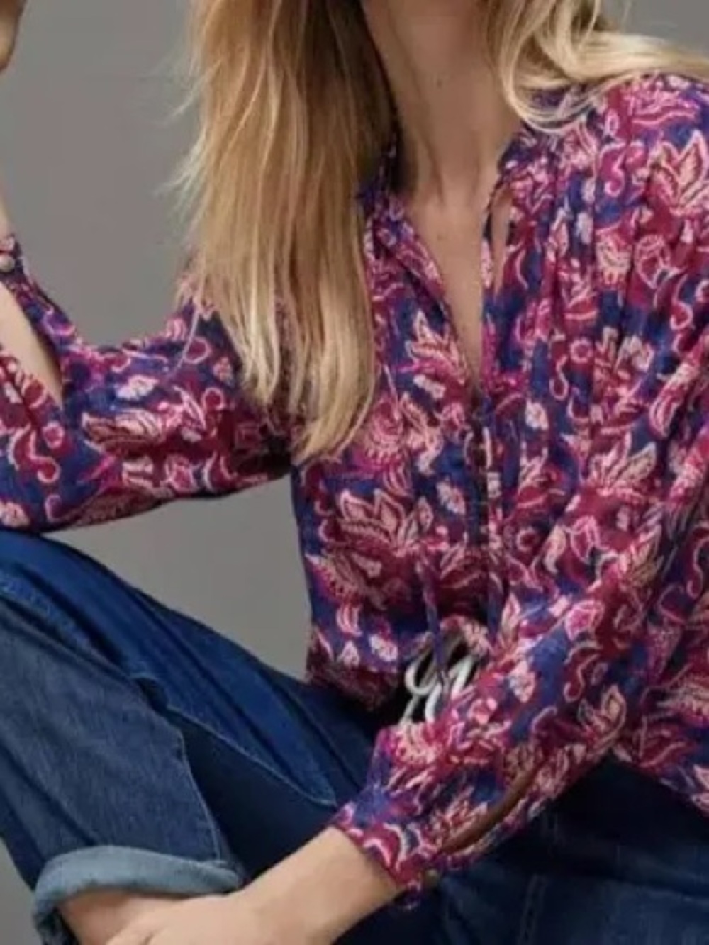 Anthropologie Pink &‎ Blue Floral Paisley V-Neck Blouse
